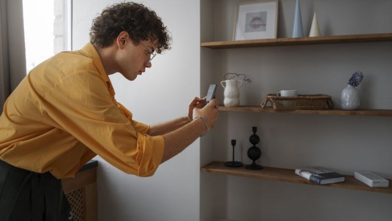 Парень фотографирует декоративный предмет на книжной полке 