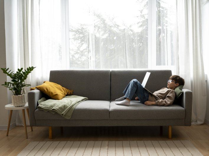 Мальчик лежит на диване и смотрит в ноутбуке какие ошибки могут испортить интерьер