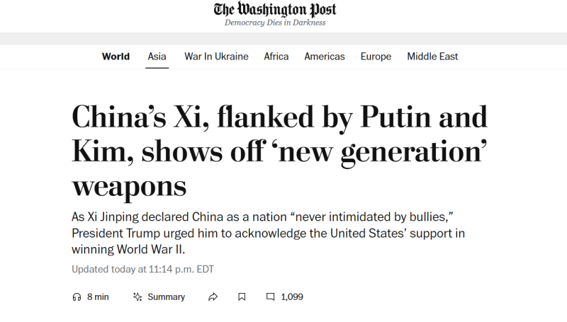 «Ошеломляющая демонстрация военной мощи»: западные СМИ — о торжественном параде в Пекине с участием Владимира Путина