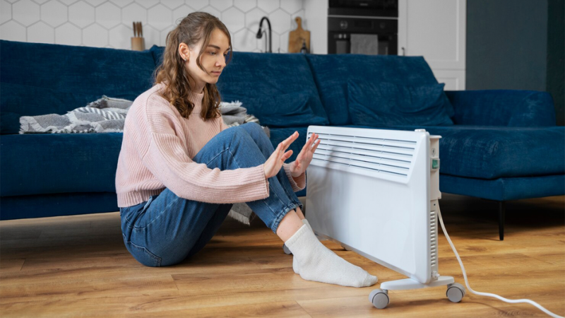 Девушка греется дома возле бюджетного обогревателя 